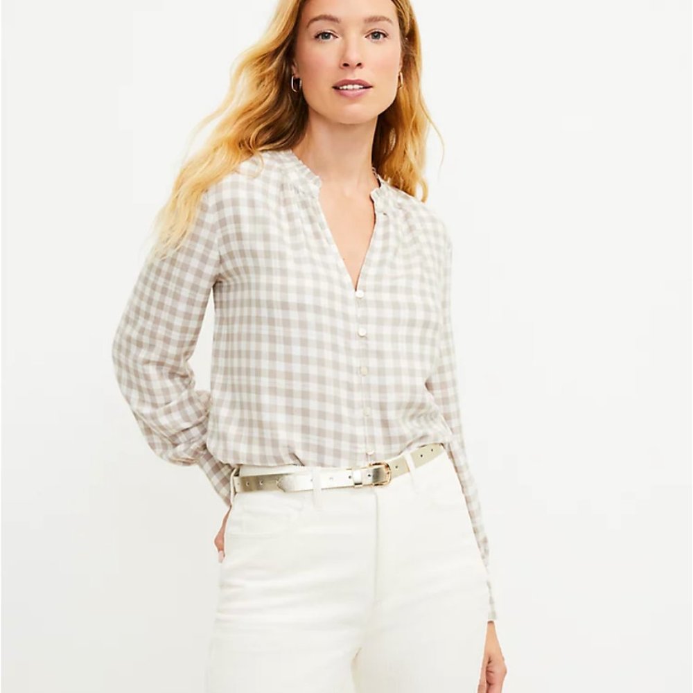 Loft Shimmer Plaid V-Neck Blouse